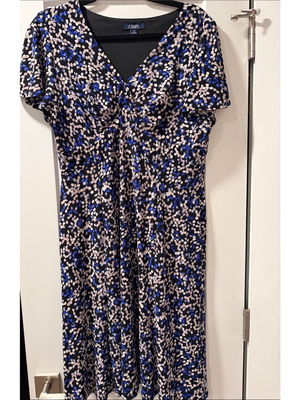 Chaps Black, Blue & Cream Printed V‑Neck Short Sleeve Dress